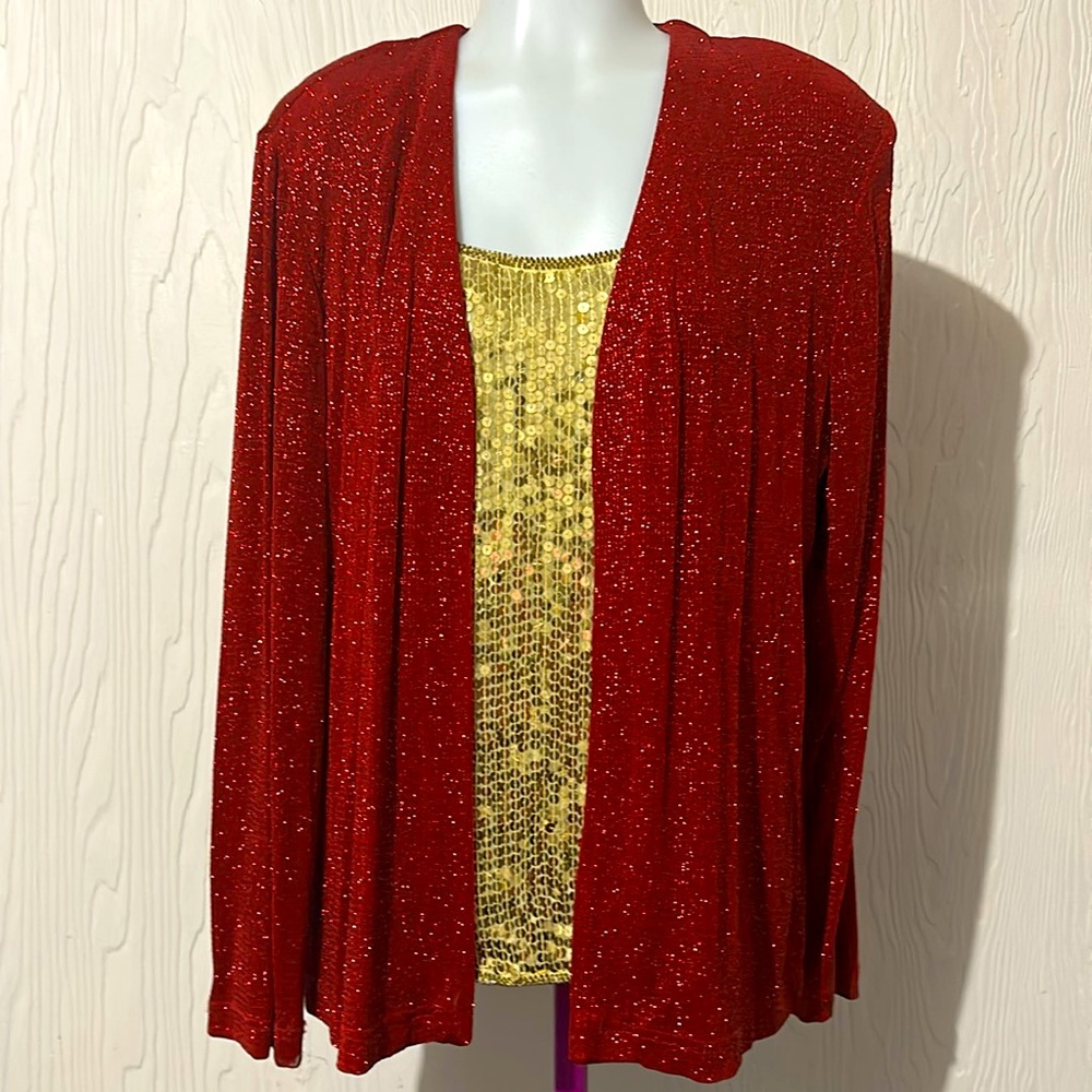 Ronni Nicole Cardigan Womens Large Red Sparkle Metallic Holiday Xmas